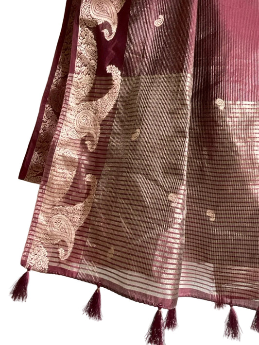 Deep Burgundy / Purple Tissue Silk Saree with Gold Paisley Border & Antique Gold Stripe Pallu