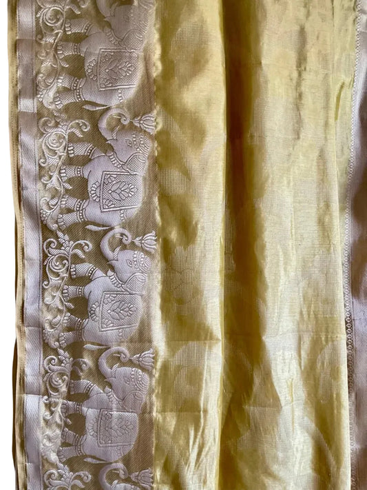Yellow Gold Tissue Silk Saree with Silver Elephant Border & Floral Gold Pallu