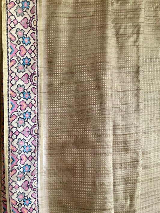 Beige Tussar Silk Saree with Gold Kantha Dot Weave & Multicolour Floral Border