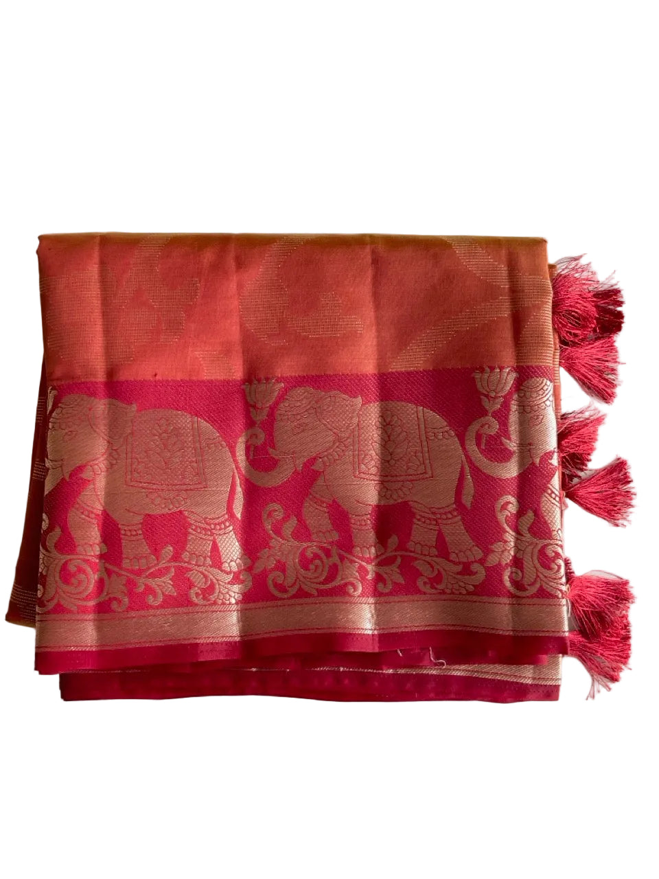Red Tissue Silk Saree with Silver Zari Vine Weave & Elephant Border