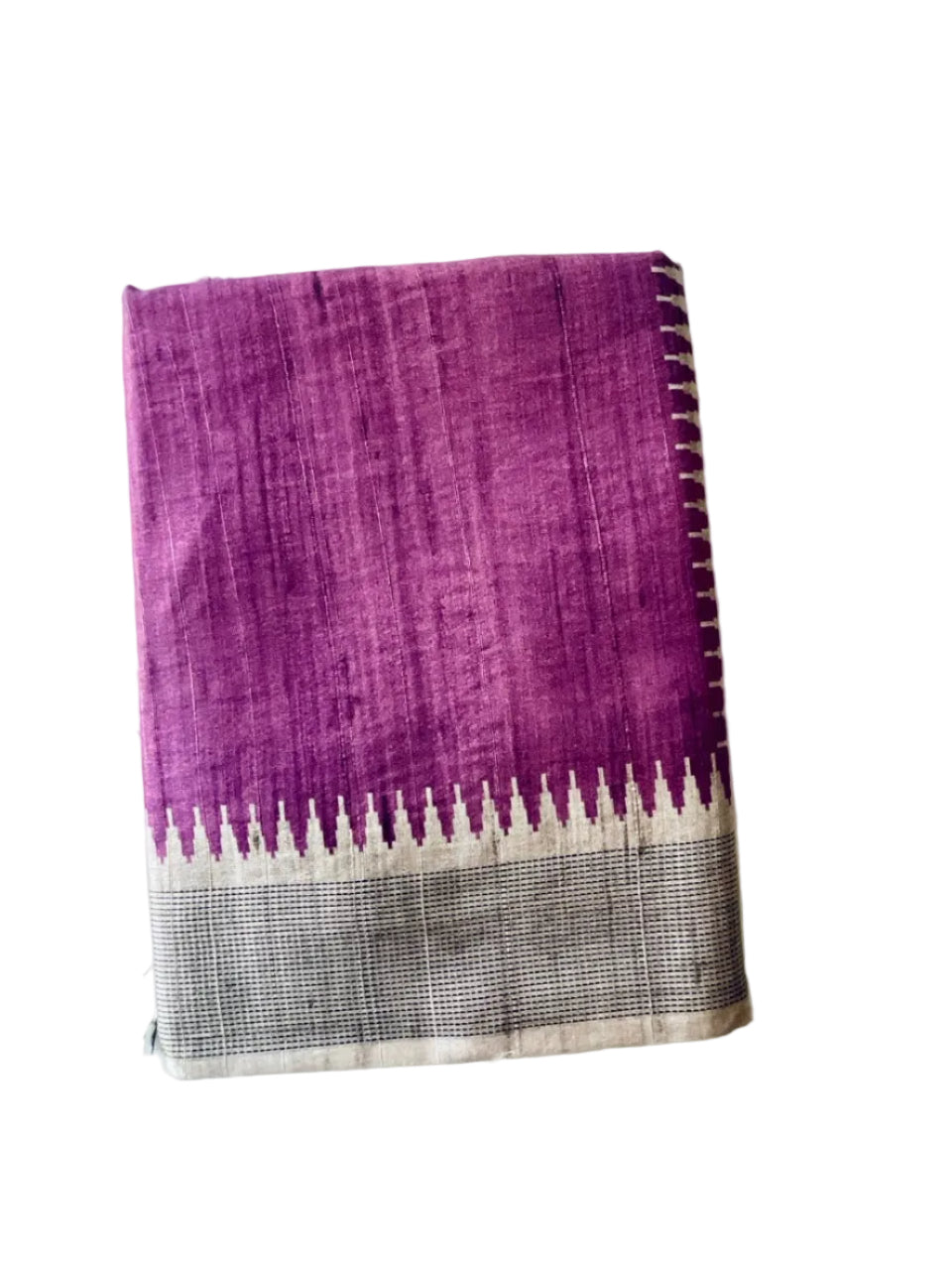 Purple Tussar Silk Saree with Natural Beige Pallu & Temple Border