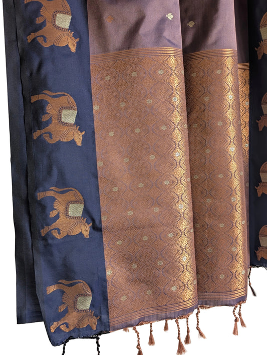 Blue & Mauve Dual-Tone Silk Saree with Gold Cow Border & Antique Bronze Pallu
