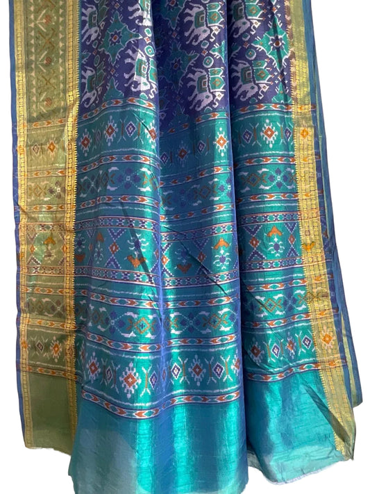 Blue & Teal Patola Silk Saree with Elephant Ikat Print & Olive Zari Border