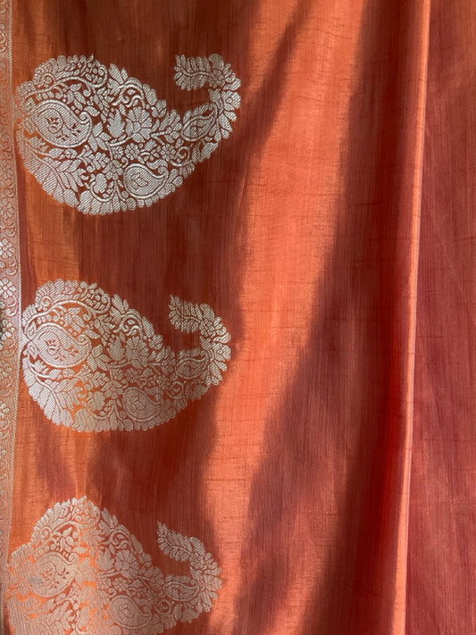 Rust Orange Soft Silk Saree with Golden Paisley Motifs & Zari Border