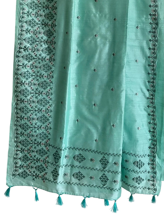 Embroidered-cotton-Saree-workwear-teal blue - aariyaa