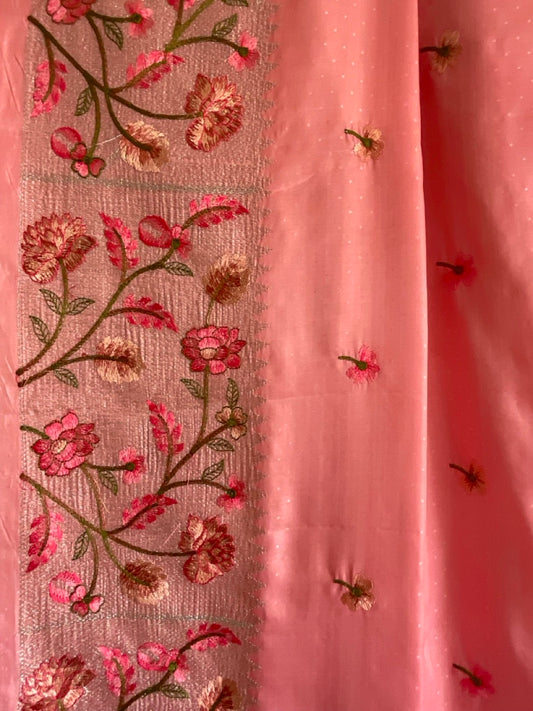 Pink Saree with Floral Vine Embroidery & flower aariyaa