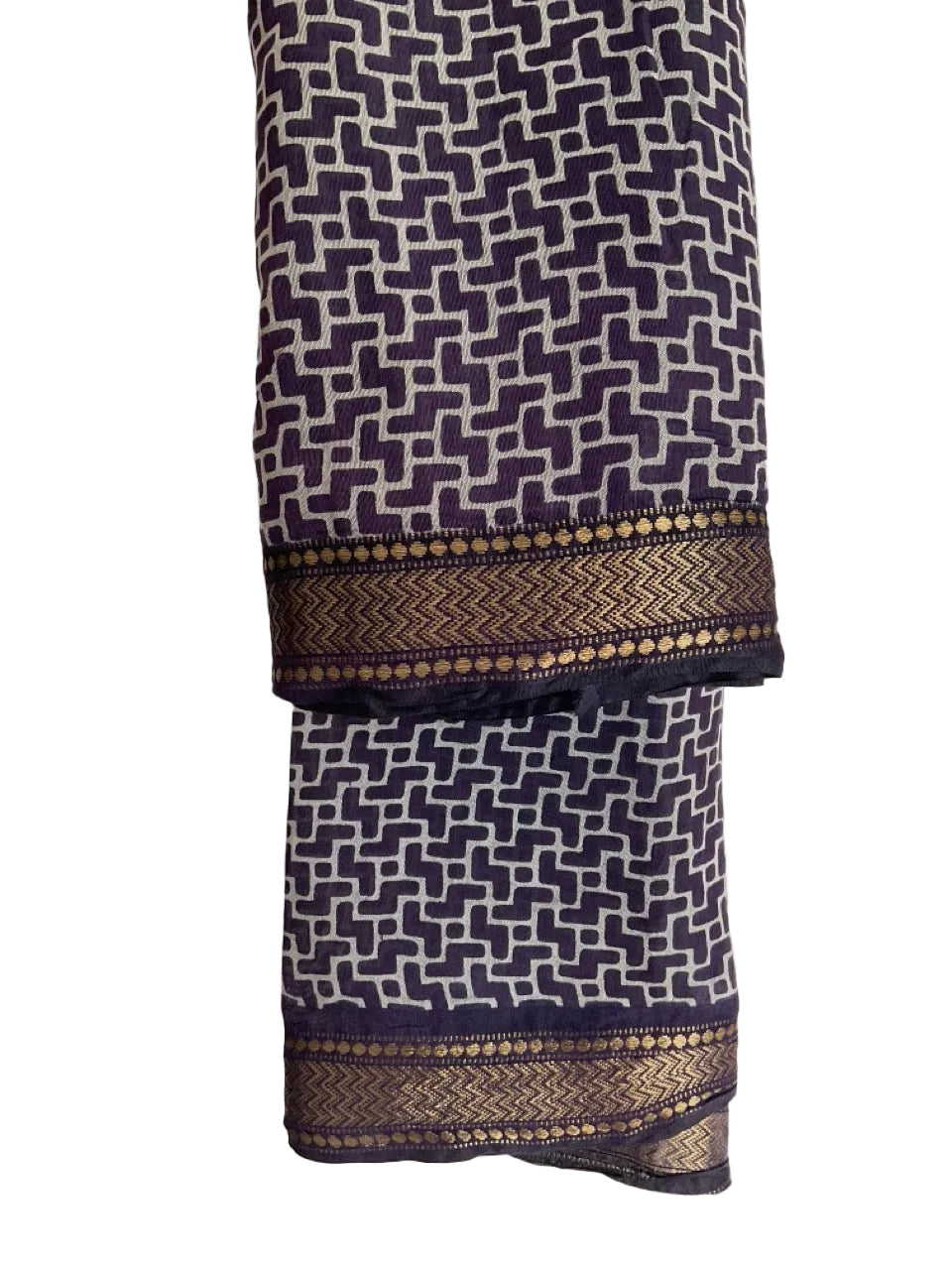 Green Saree with Navy Ikat Border & Gold Trim