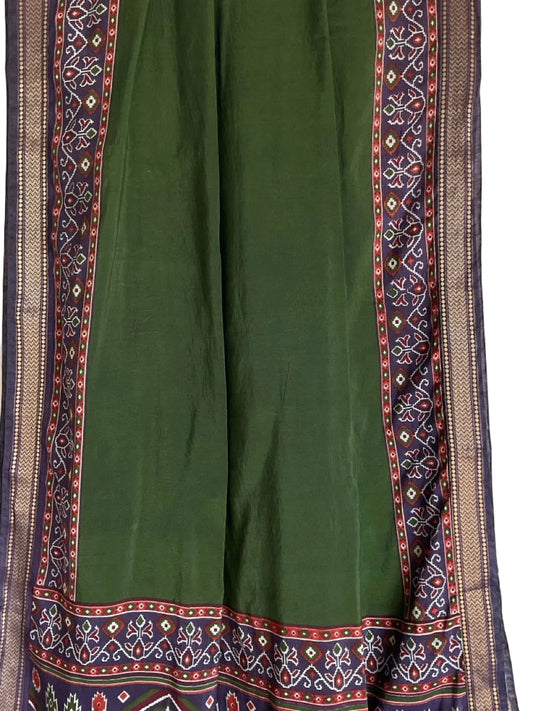 Green Saree with Navy Ikat Border & Gold Trim