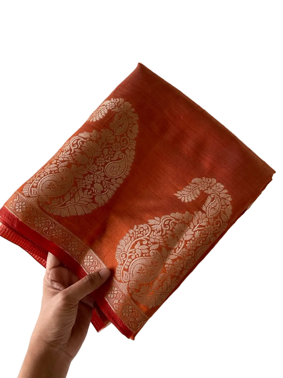 Rust Orange Soft Silk Saree with Golden Paisley Motifs & Zari Border