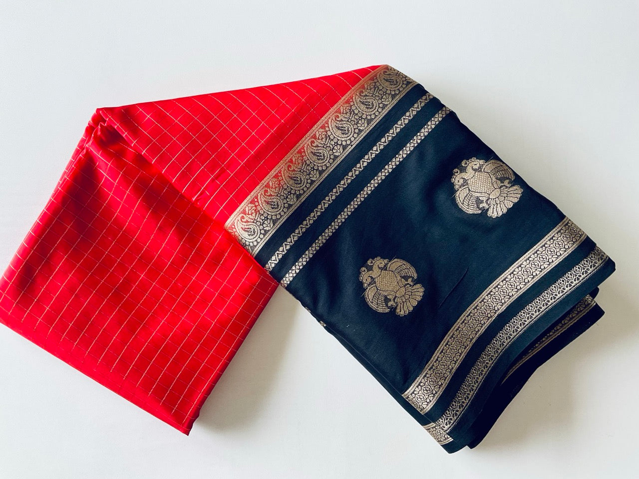 Red Saree with Golden Checks & Gandabherunda Motif