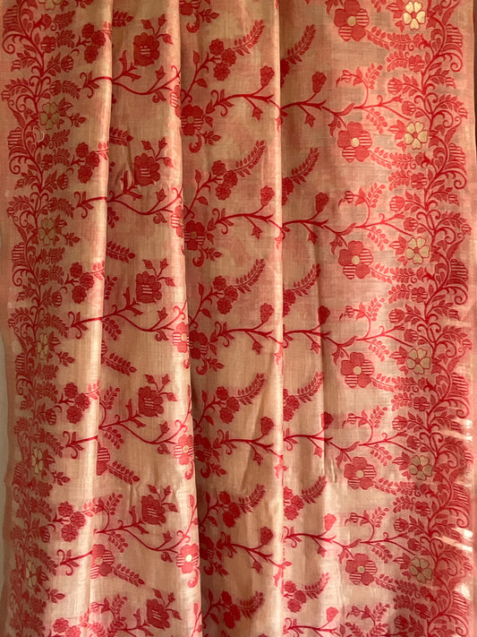 Red Jamdani Cotton Saree with All-Over Red Floral Vine Jaal & Bird Motifs