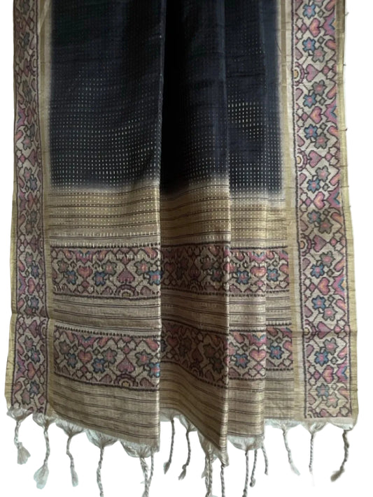 Black Soft Tussar Silk Saree with Ikat Floral Pallu