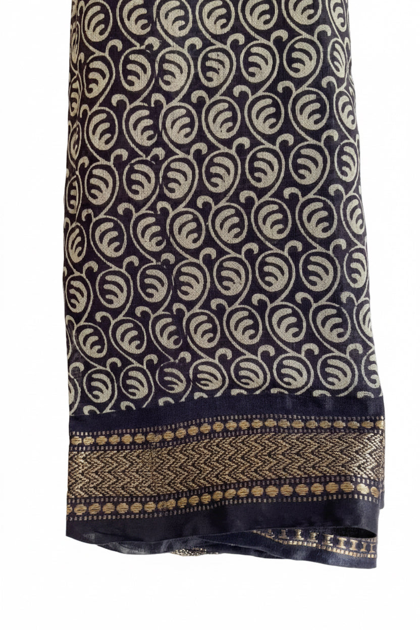 Dark Navy Cotton Saree with Cream Patola Ikat Print & Multicolour Pallu