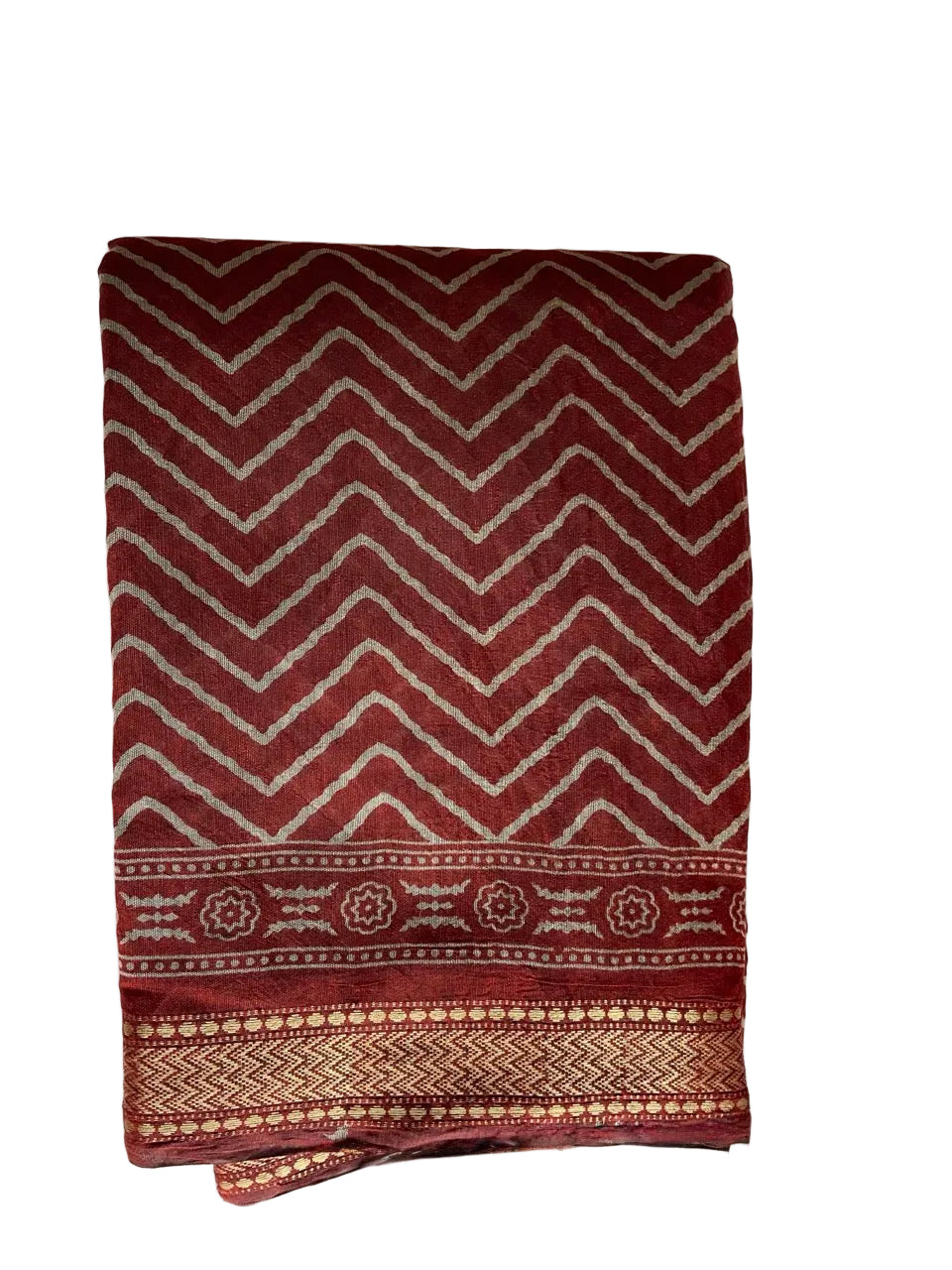 Brown Cotton Saree with Cream Chevron Print