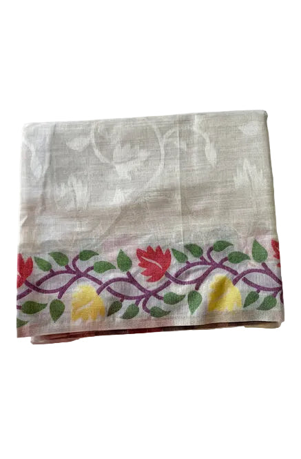 White / Ivory Soft Cotton Saree with Golden Glaze & Woven Floral Border