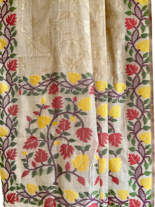 White / Ivory Soft Cotton Saree with Golden Glaze & Woven Floral Border