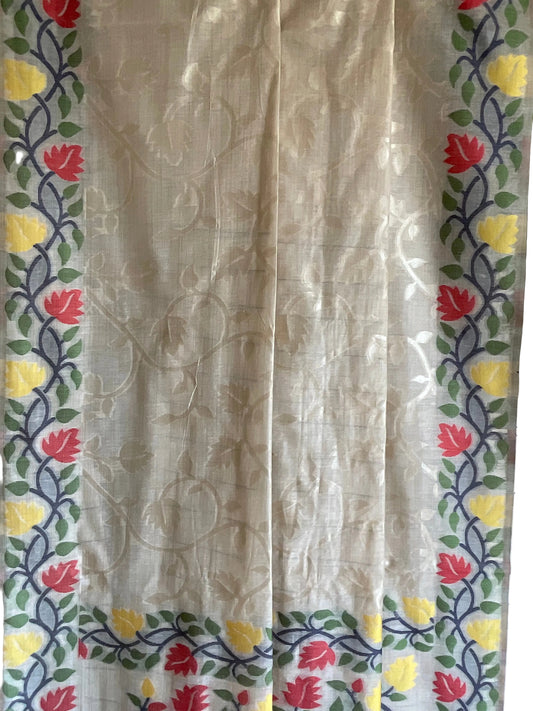 White / Ivory Jamdani Cotton Saree with Red & Yellow Rose Vine Border