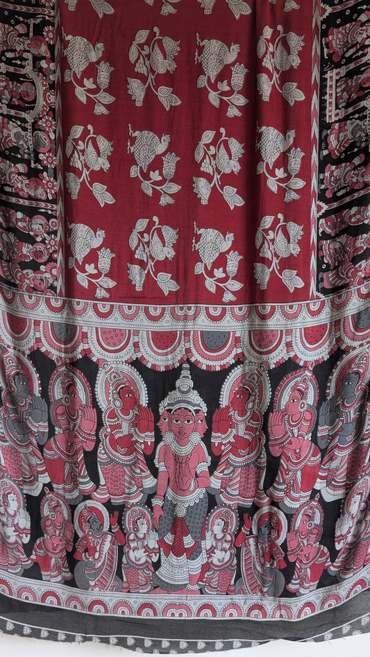 Red Kalamkari Saree with Indian Mythology & Black Bridal Border