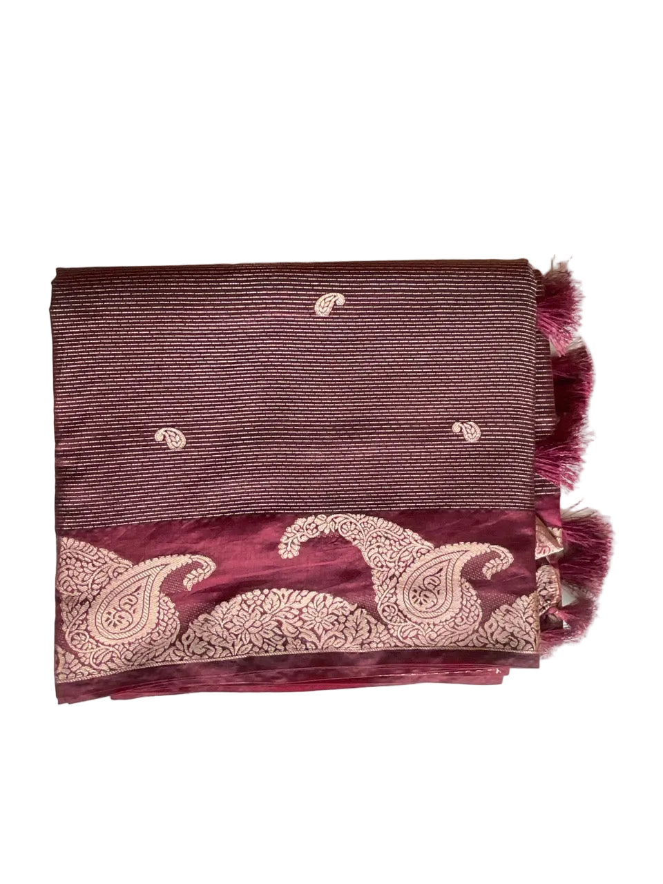 Deep Burgundy / Purple Tissue Silk Saree with Gold Paisley Border & Antique Gold Stripe Pallu