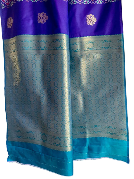 Royal Purple & Teal Silk Saree with Silver Peacock Buttas & patola Border