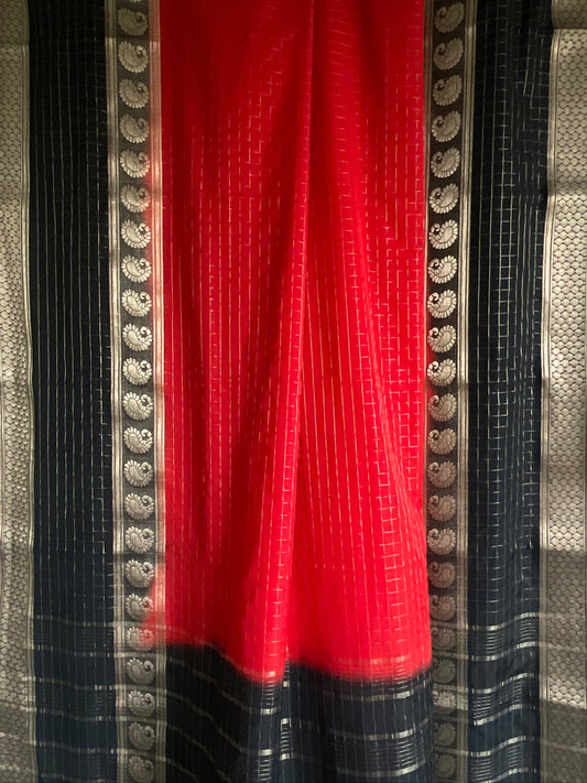 Scarlet Red Crepe Saree with Silver Check Weave & Mango Zari Border
