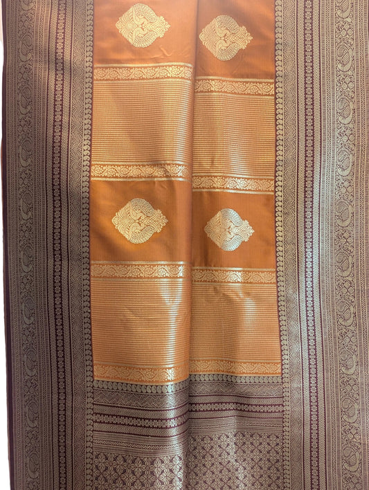 Rust Orange & Brown Kanjivaram style Soft Silk Saree with Gold Zari Border