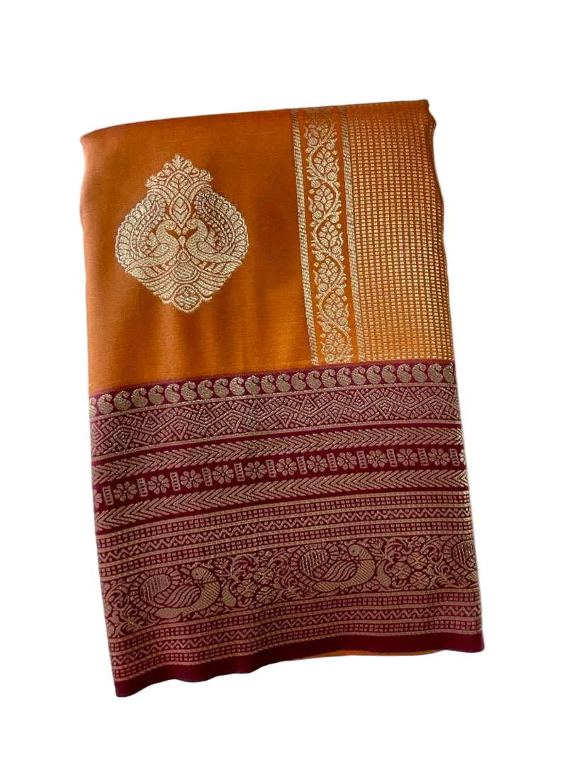 Rust Orange & Brown Kanjivaram style Soft Silk Saree with Gold Zari Border