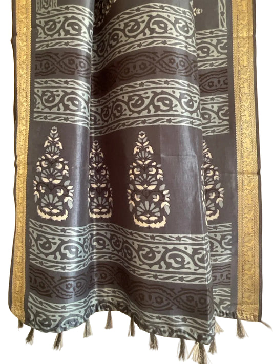 Blue Silk Saree with White Floral Kalash Butis & Gold Peacock Zari Border
