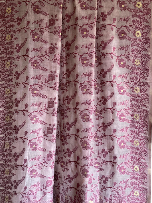 Soft Purple Cotton Saree with Wine Floral Vine Jaal & Geometric Border