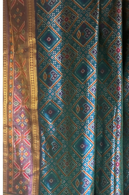 Teal & Indigo Double Ikat Patola Silk Saree with Multicolour Geometric Diamond Jaal