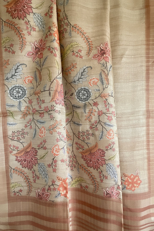 Terracotta Rose Gold Tissue Silk Saree with Kalamkari Floral Pallu & Copper Zari Border