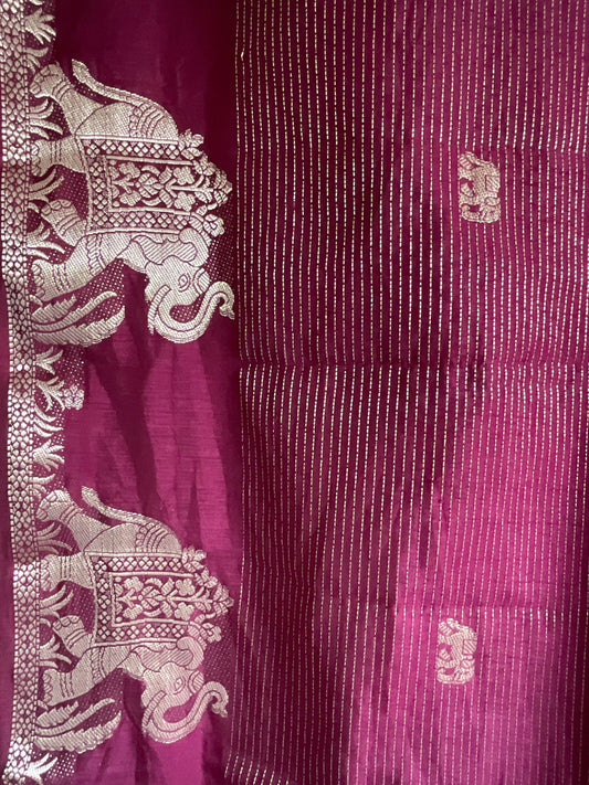 Deep Wine / Purple Tissue Silk Saree with Elephant Border & Contrast Red Blouse