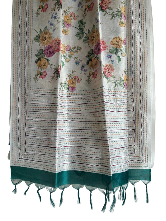 White Floral Print with Kantha Stitch