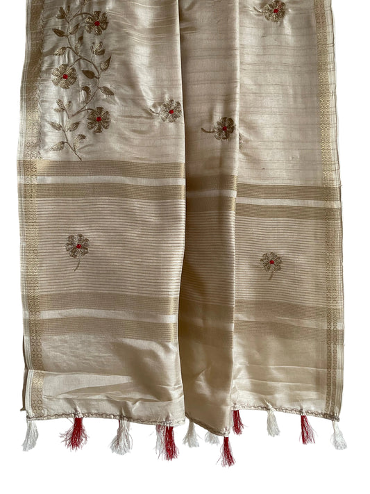 White/Ivory Floral Embroidery and Zari Border