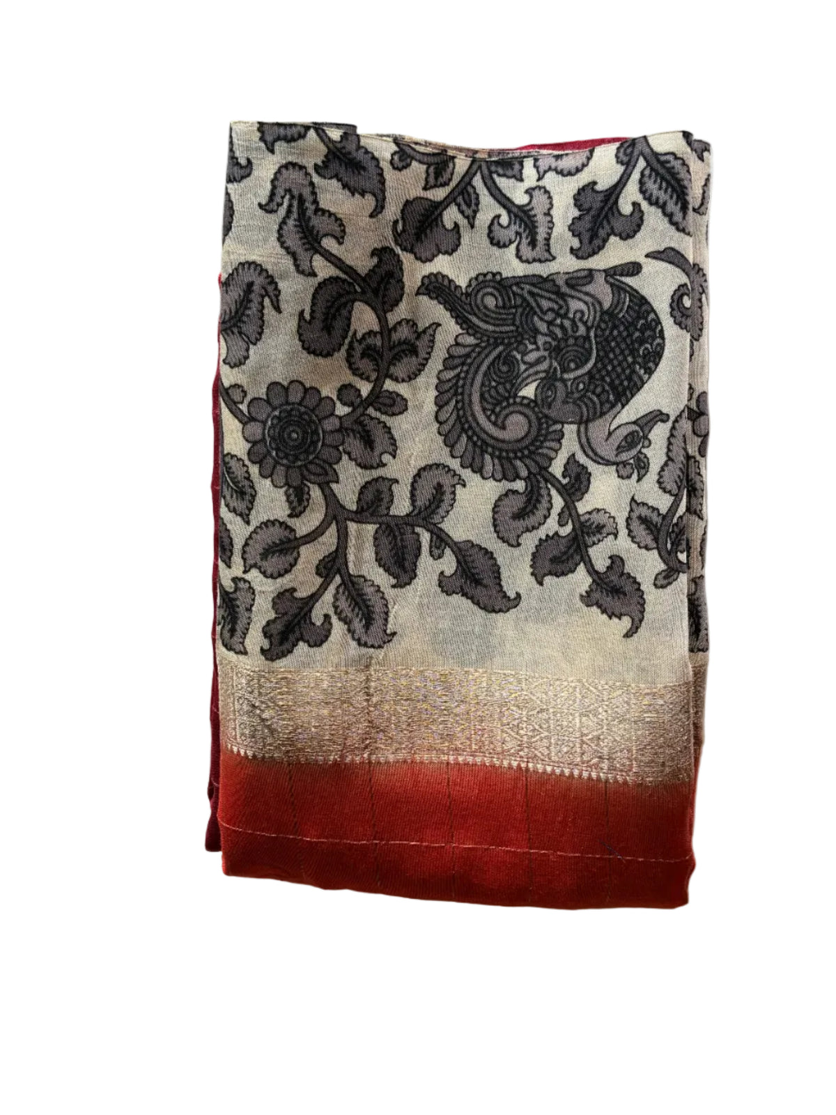 Neatly folded light comfortable red and orange checked Assam silk saree showcasing Kalamkari border