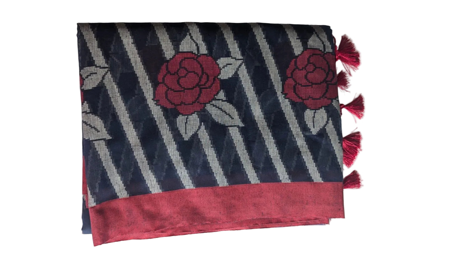 Navy Blue Cotton Saree with Roses and Red Border