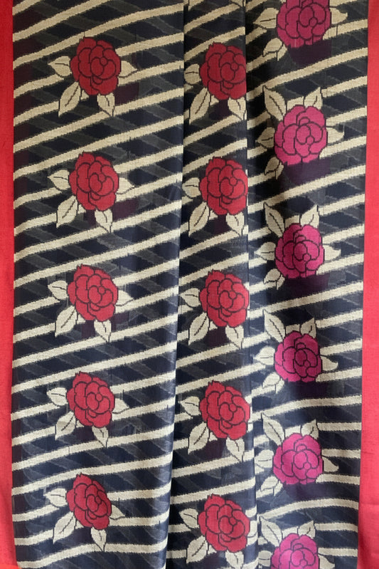 Navy Blue Cotton Saree with Roses and Red Border