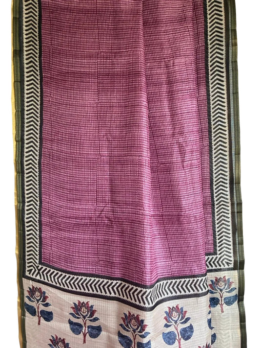 Close up of airy breathable onion pink Kota Doria fabric with black and ivory chevron border