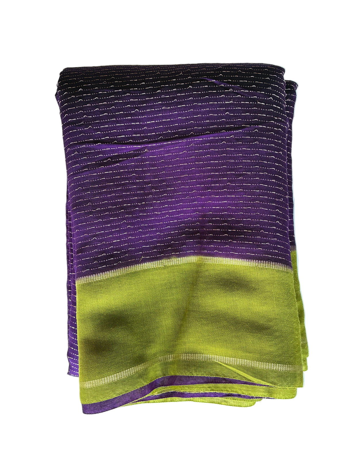 A folded purple and lime green saree with subtle metallic silver stripes, perfect fro casual and festive wear view on aariyaa