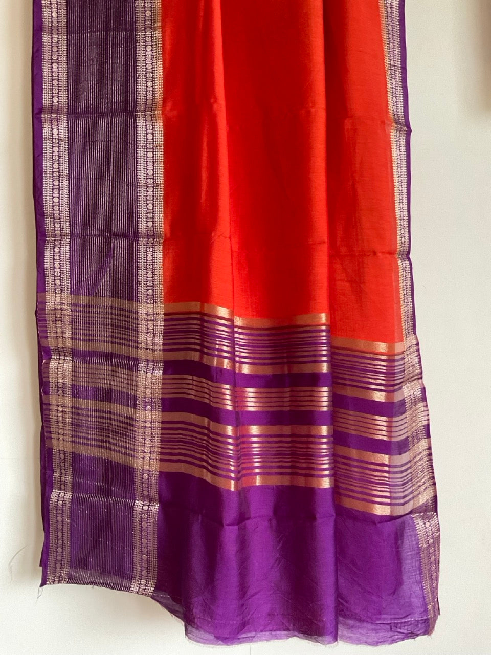 Red Assam silk saree with purple and gold zari striped border
