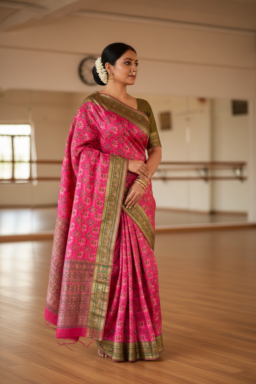 lady in an aariyaa saree, pink Patola