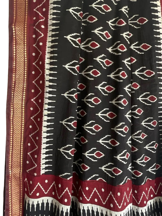 Aariyaa Black & Maroon Ikat Saree with Gold Border