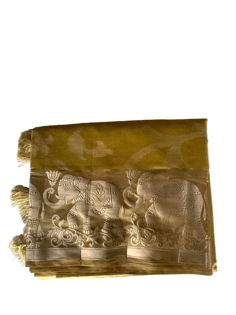 Yellow Gold Tissue Silk Saree with Silver Elephant Border