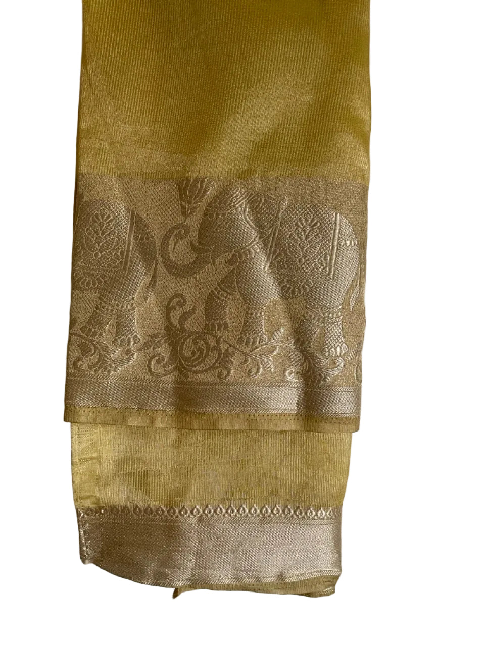 Yellow Gold Tissue Silk Saree with Silver Elephant Border & Floral Gold Pallu