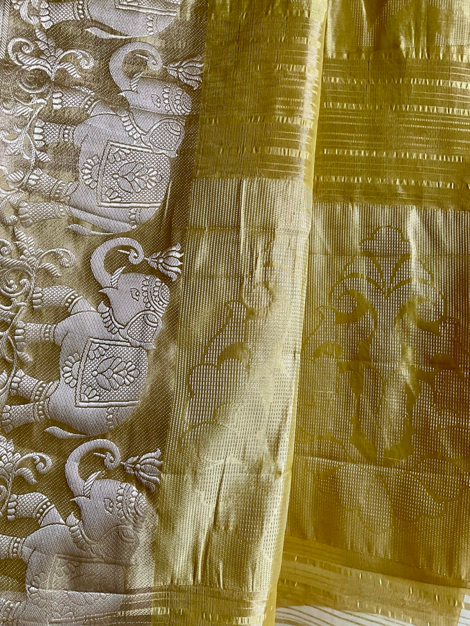 Yellow Gold Tissue Silk Saree with Silver Elephant Border & Floral Gold Pallu