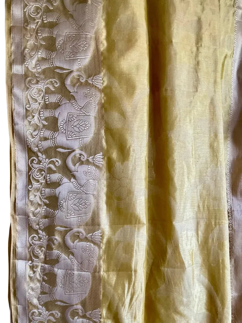 Yellow Gold Tissue Silk Saree with Silver Elephant Border & Floral Gold Pallu