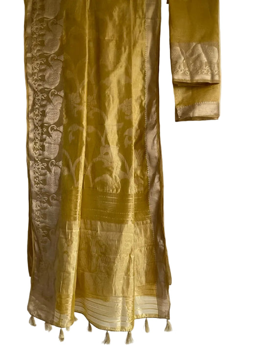 Yellow Gold Tissue Silk Saree with Silver Elephant Border & Floral Gold Pallu