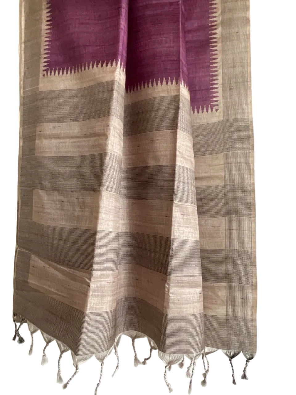 Purple Tussar Silk Saree with Natural Beige Pallu & Temple Border
