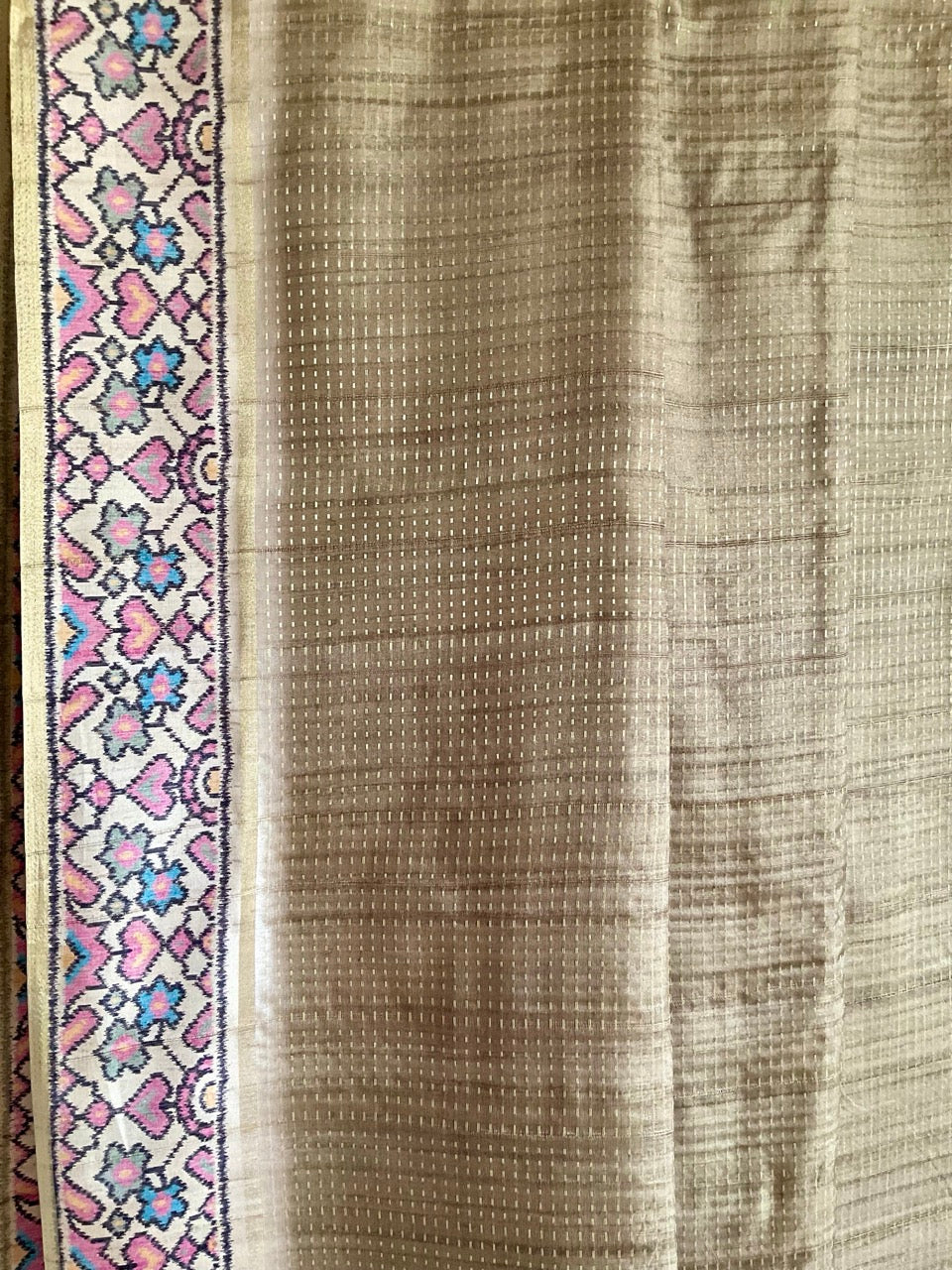 Beige Tussar Silk Saree with Gold Kantha Dot Weave & Multicolour Floral Border