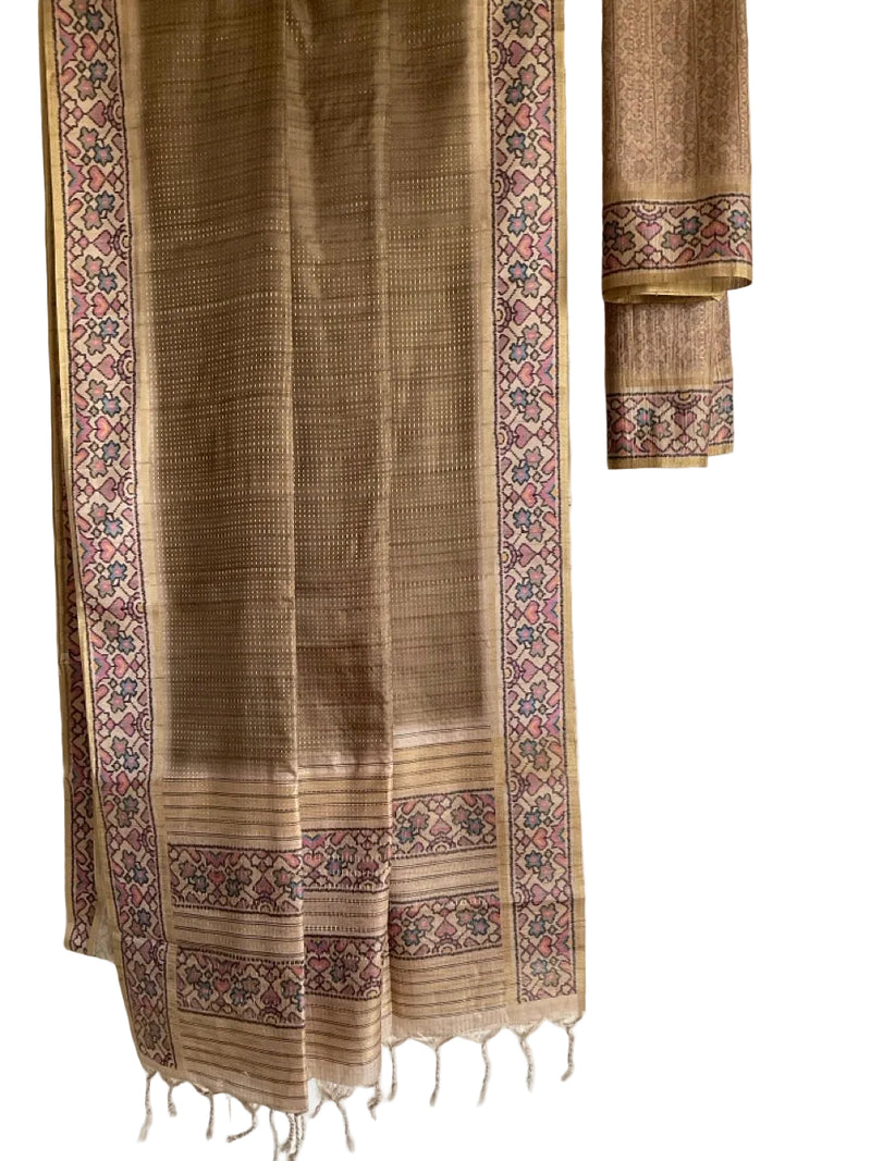 Beige Tussar Silk Saree with Gold Kantha Weave